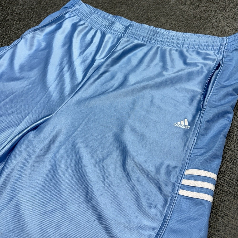 VTG Adidas Dazzle Shorts Mens 2XL Blue Satin Three Stripes Baggy Shiny Y2K